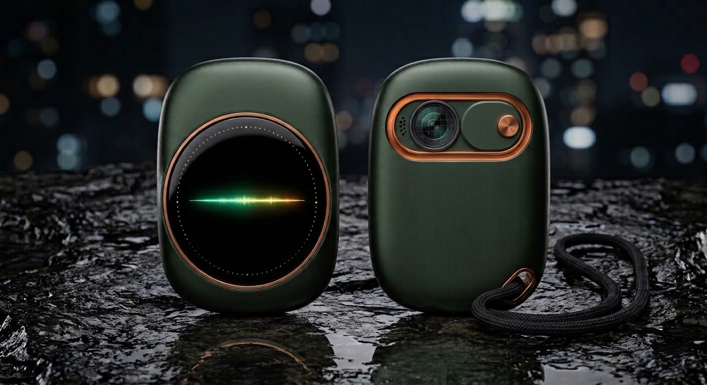 Concept rendering of a dark green Coquí keychain companion with a green and gold audio waveform, shown from the front and back