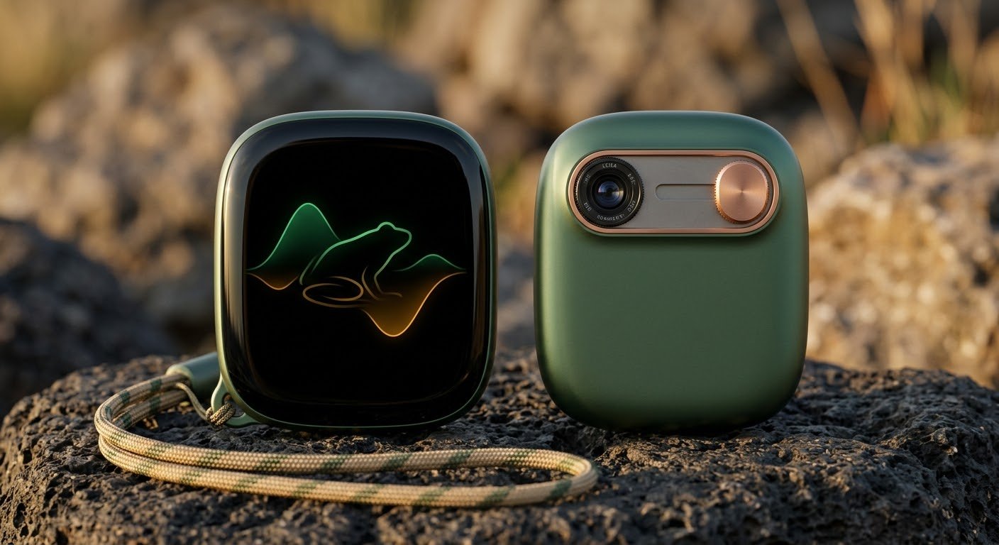 Concept rendering of a green Coquí keychain companion with a subtle frog waveform, shown from the front and back